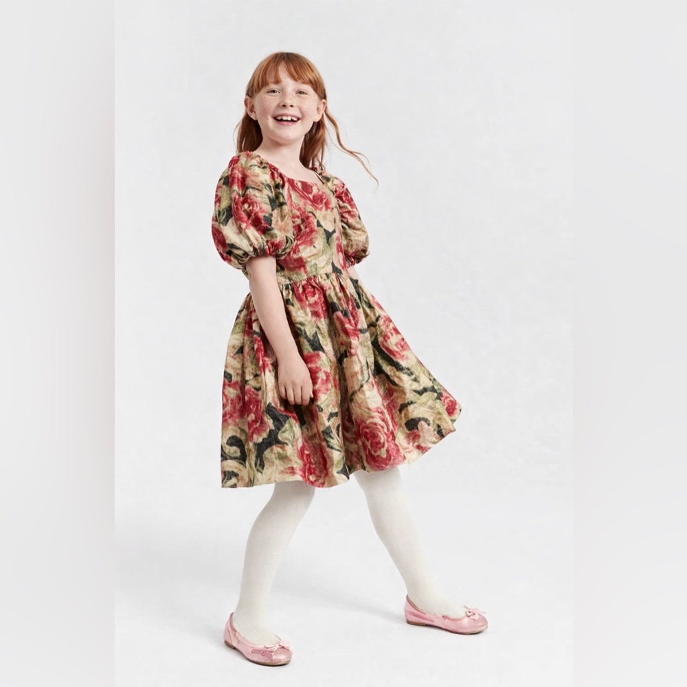 Rare Editions Girls Size 8 Gold Metallic Floral Dress Puff Sleeve Party Formal